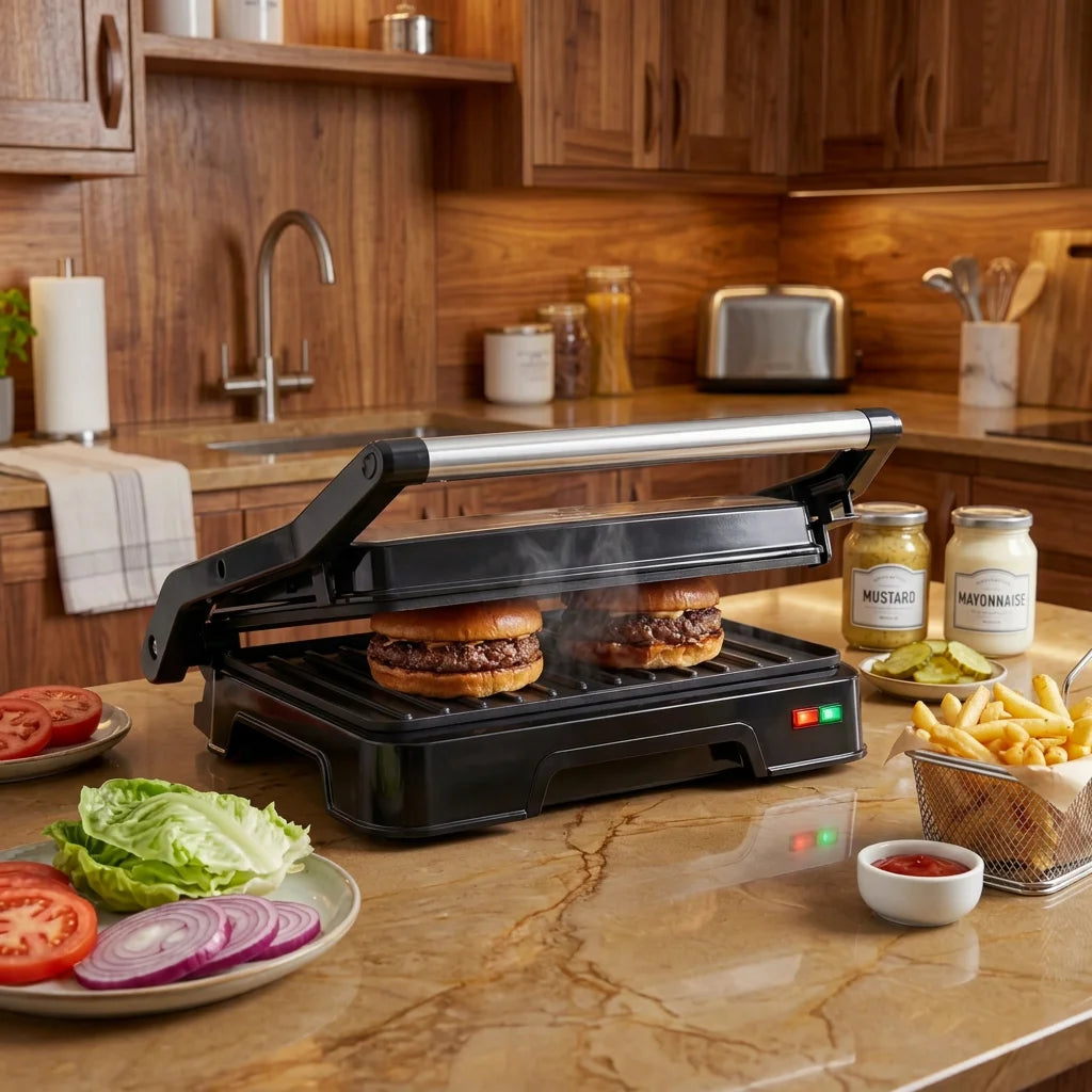 Panini Grill Press - 2-Slice, 180° Opening, Non-Stick Stainless Steel Plates for Versatile Grilling, Toasting, and Cooking, 900W