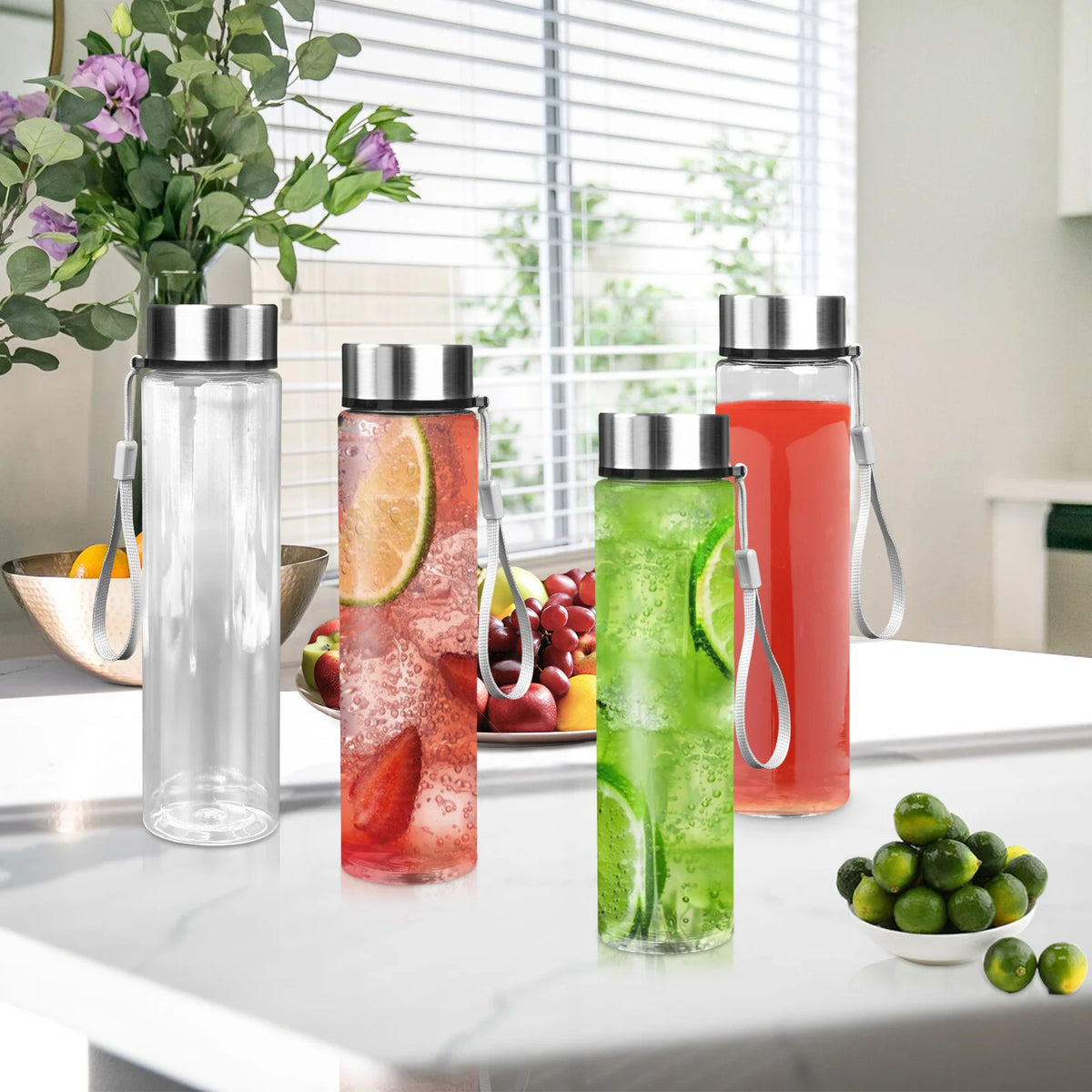 HANSMART Juice Bottles  2Pack Wide Mouth Plastic Bottles with Lids for Juicing Smoothies Infused Water Beverage Storage