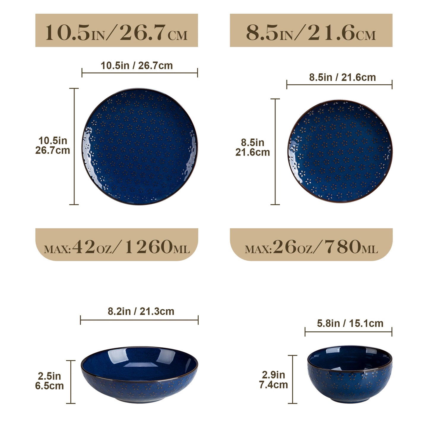 MALACASA LYDIA 16/32 Piece Blue Stoneware Plates Dinner Set Embossment Dinnerware with 6pcs Dinner plate/Dessert/Soup/Bowl
