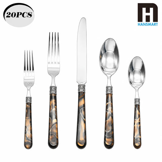 Barenthal Tortue Sandstone Handle Flatware Set 20Pcs Stainless Steel Cutlery Set Vintage Marble Pattern Dinner Fork Knife Spoon Tableware Restaurant Home Dinner Party Steak Dessert Silverware