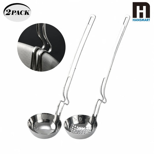 KitchenTrend 2Pcs Stainless Steel Ladle & Skimmer Set, Large Capacity Hanging Hook Design Mirror Polished Soup Strainer Spoon for Home Hotpot Kitchen Cooking
