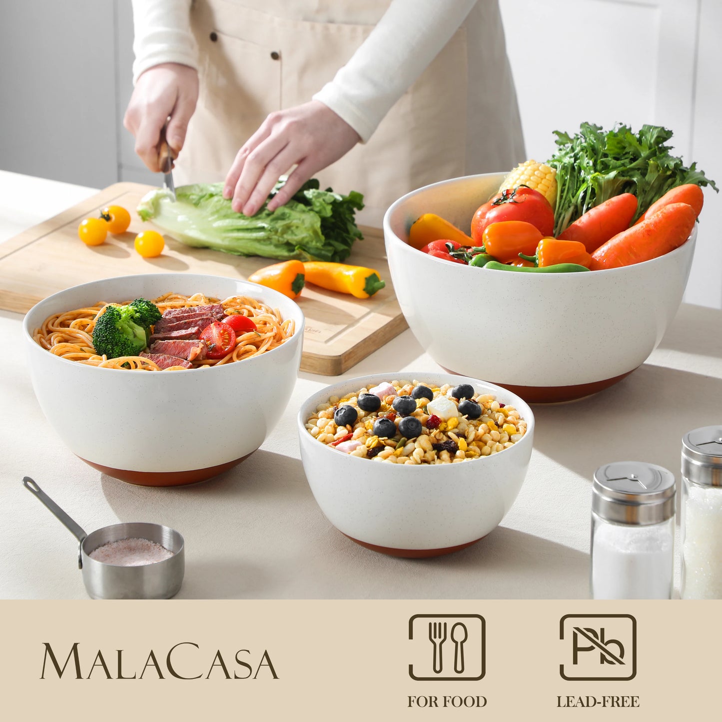 MALACASA 3/6 Piece Ceramic Large Mixing Bowls Stoneware Large Serving Bowls for Cooking Baking/Salad/Soup/Pasta/Nesting Bowls