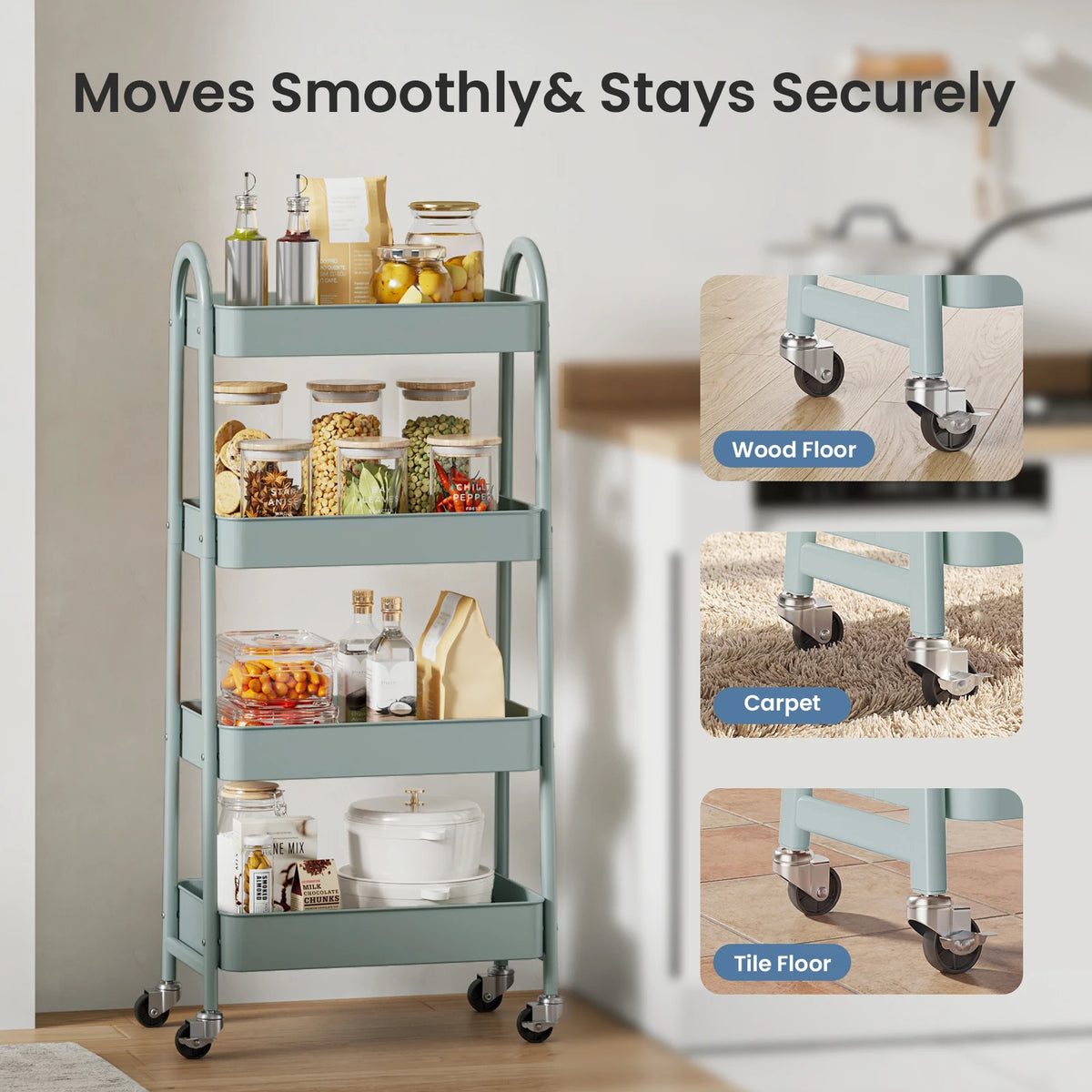 MCQ 4 Tiers Mobile Metal Frame Kitchen Cart Rolling Storage Shelf with Lockable Caster Wheels Organization Utility Cart for Livingroom Kitchen Narrow Places ﻿