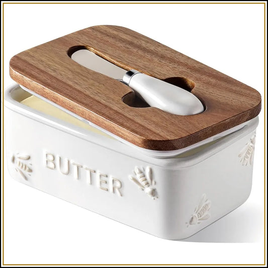 Ceramic Butter Dish with Bee Embossed Design, Acacia Wood Lid & Knife, Farmhouse Style, Airtight, Arctic White