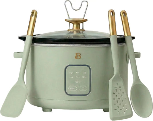 4 Quart Slow Cooker with Touch Activated Display and 3 Piece Silicone Kitchen Utensil Set - Sage