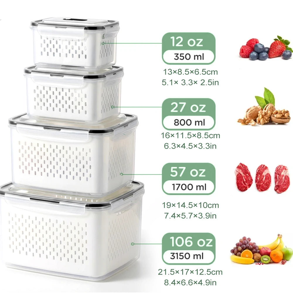4 Pack Double Layer Fridge Storage Organizer Box PP Leakproof Food Container with Drain Basket Portable Handle Divider Clear Vegetable Fruit Fresh Keeper Refrigerator Organizer Bins