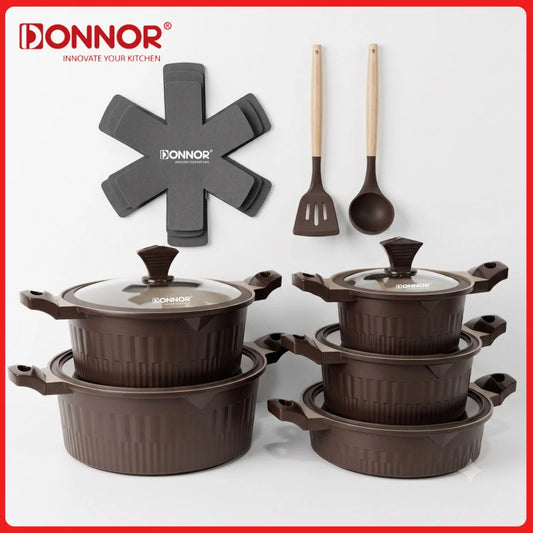 DONNOR Pot and Pan Set 15Pcs Non-stick Soup Pot Stew Pot with Glass Lid Granite Healthy Coat Pots for Cooking Stoves Universal