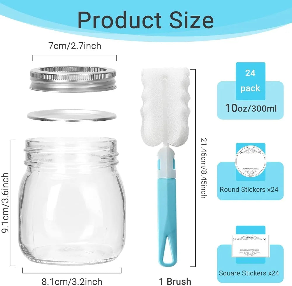 10 oz Glass Mason Jars, 24 Pack Regular Mouth Canning Jars with Silver Lids & Bands, Airtight for Food Storage, Pickling, Honey, Jelly, DIY