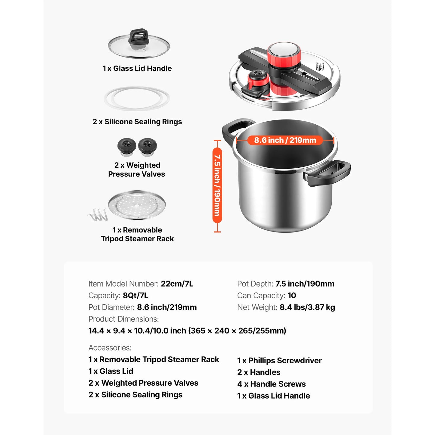 SucceBuy 6.3 8 10 12 Qt Pressure Cooker Stainless Steel Pressures Canner with Steaming Rack Tempered Glass Lid for Meat, Beans,