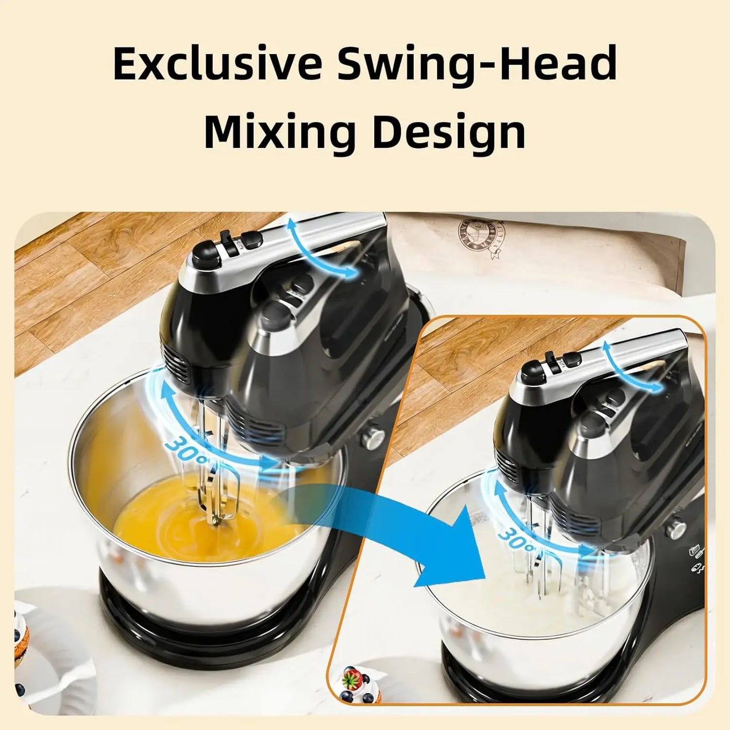 Stand Mixer 2-IN-1 Electric Kitchen Mixer, 4.8 QT Auto-Rotating Beater & Bowl Tilt-Standing Hand