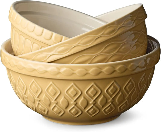 Stoneware Mixing Bowl Set, 3-Piece with Golden-Honey Finish, Nesting Design for Baking & Serving