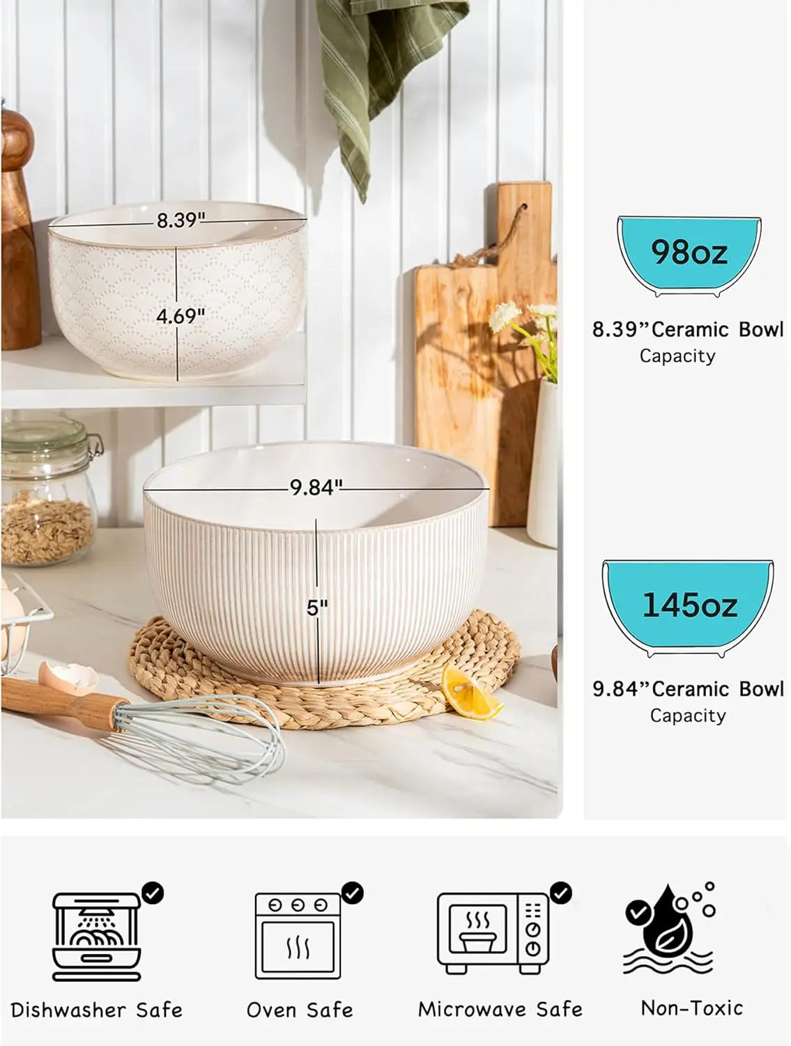 Ceramic Mixing Bowls Set of 2, Nesting Stoneware Bowls for Cooking, Serving & Salad, Microwave & Dishwasher Safe, 98/145 oz