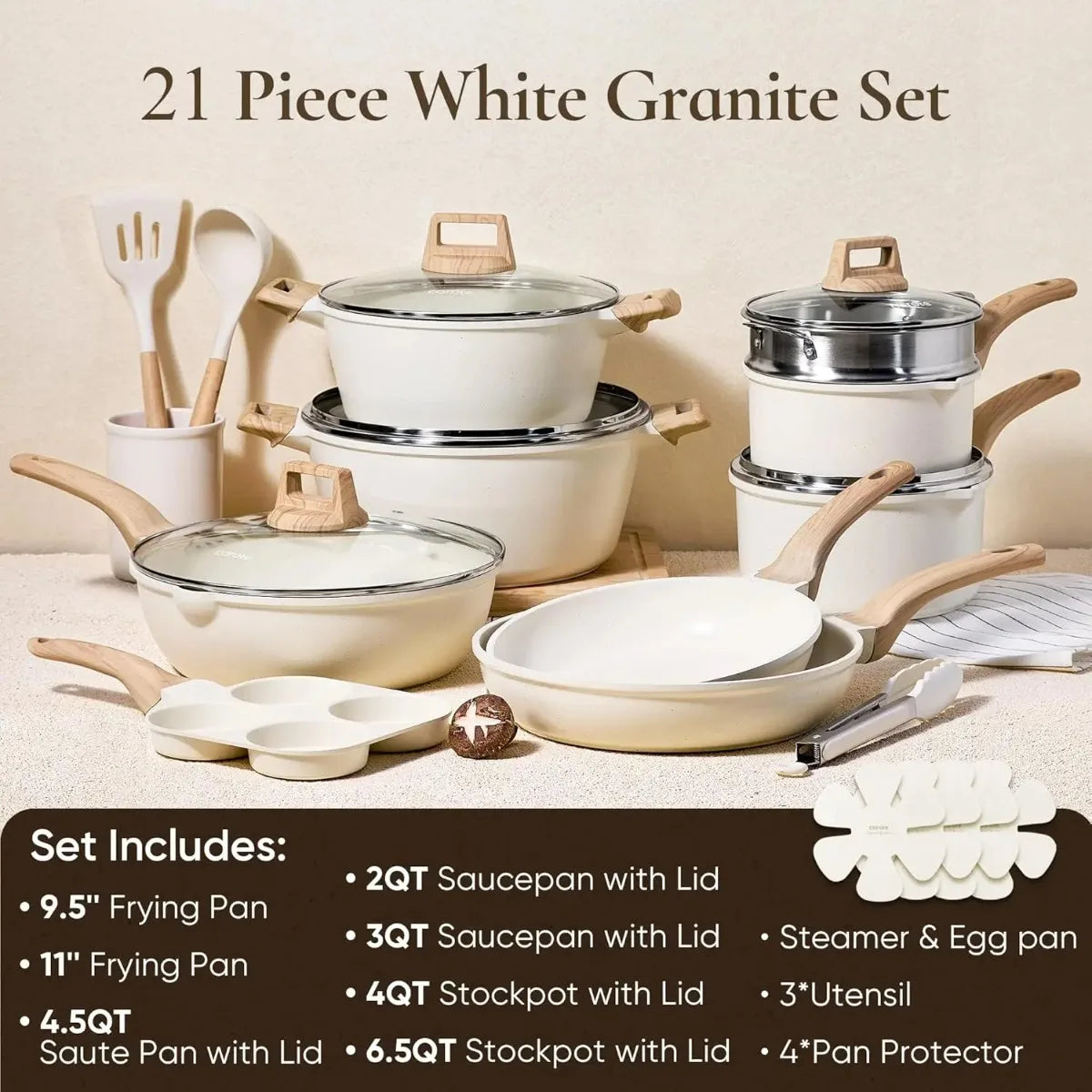 21Pcs White Granite Nonstick Cookware Sets Induction Compatible Pots and Pans with Frying Pans and Saucepans for Home Kitchen