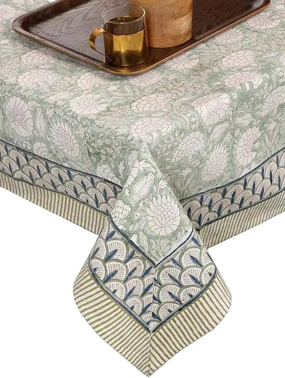 Linen Boho Fall Tablecloth With Handblock Floral Pattern For Kitchen