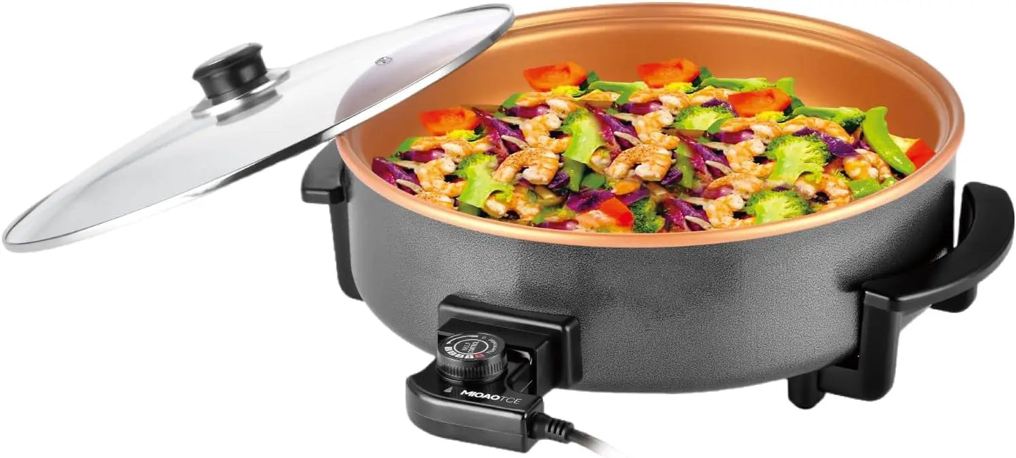 14' Large Electric Skillet with lid, Ceramic Nonstick Coating Electric Frying Pan, 1500W Quick & Even