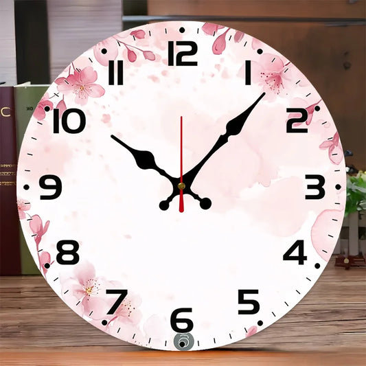 Pink Flower Backdrop Clock - 10inch Wood Veneer Europe and America Style Round Silent Flat Wall Clock - Batteries Not Included -
