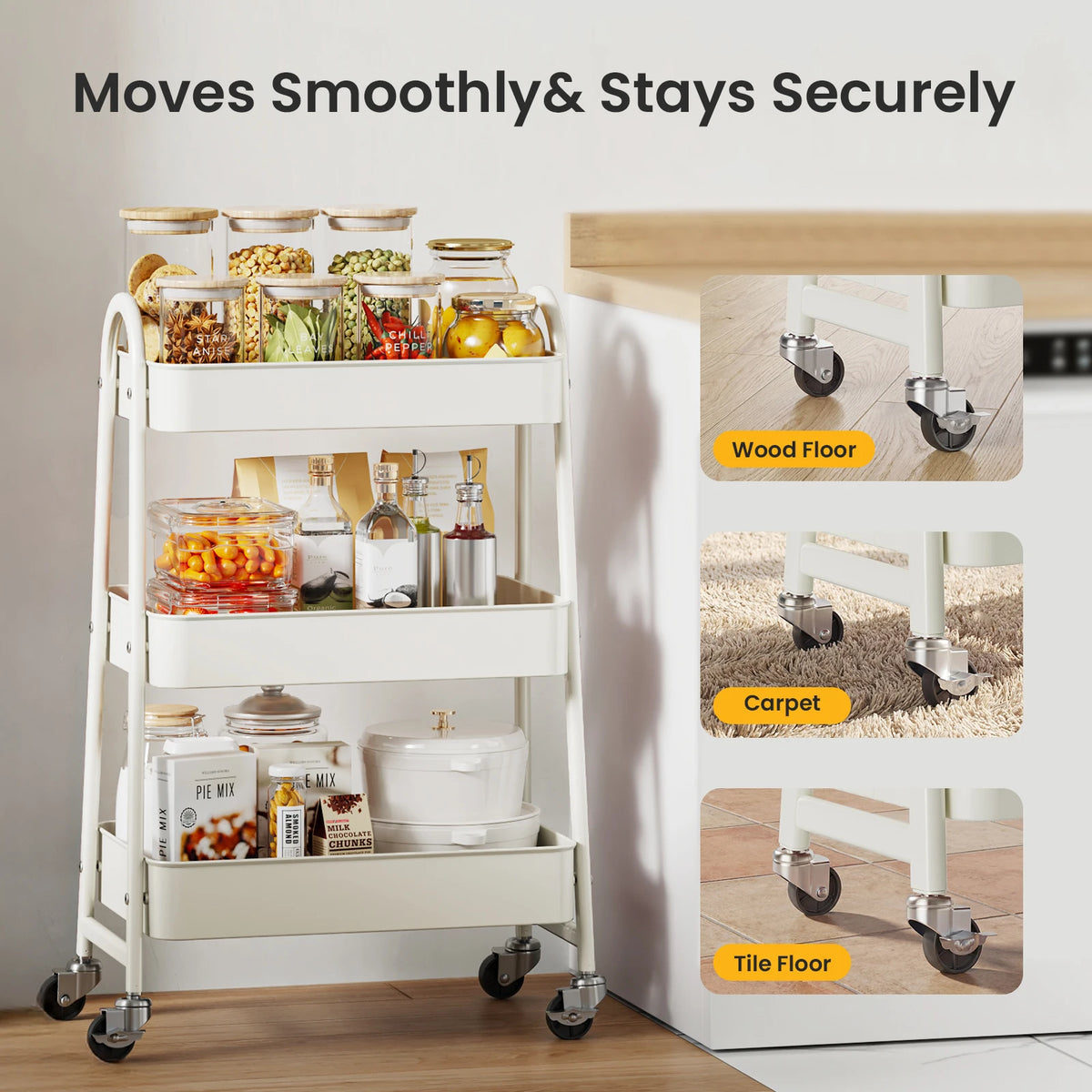 MCQ 3 Tiers Mobile Metal Frame Kitchen Cart Rolling Storage Shelf with Lockable Caster Wheels Organization Utility Cart for Livingroom Kitchen Narrow Places ﻿