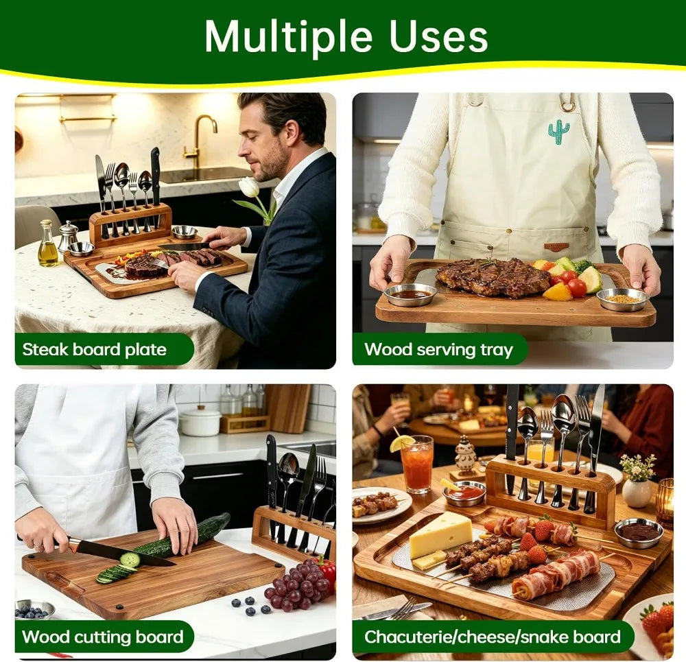 16.5" Acacia Wood Steak Board Set, Magnetic Charcuterie Board with Stainless Steel Scratch-Proof Surface, Serving Platter with Cutlery & Sauce Cup