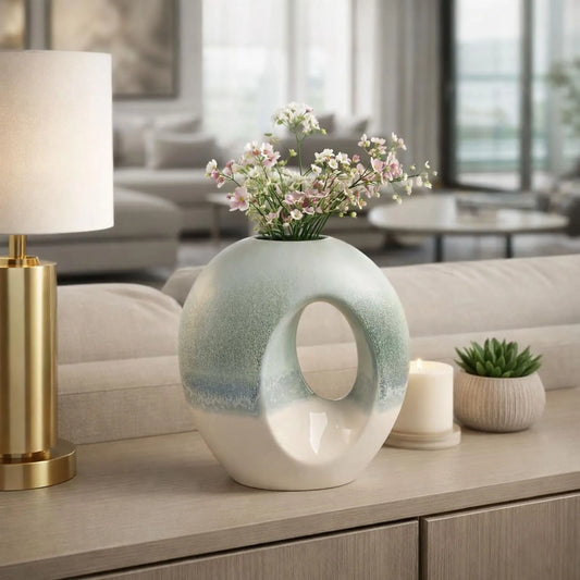 Blue White Textured Round Hollow Sculptural Ceramic Vase Tabletop Decor Ornament for Living Room Bedroom Office Home Styling