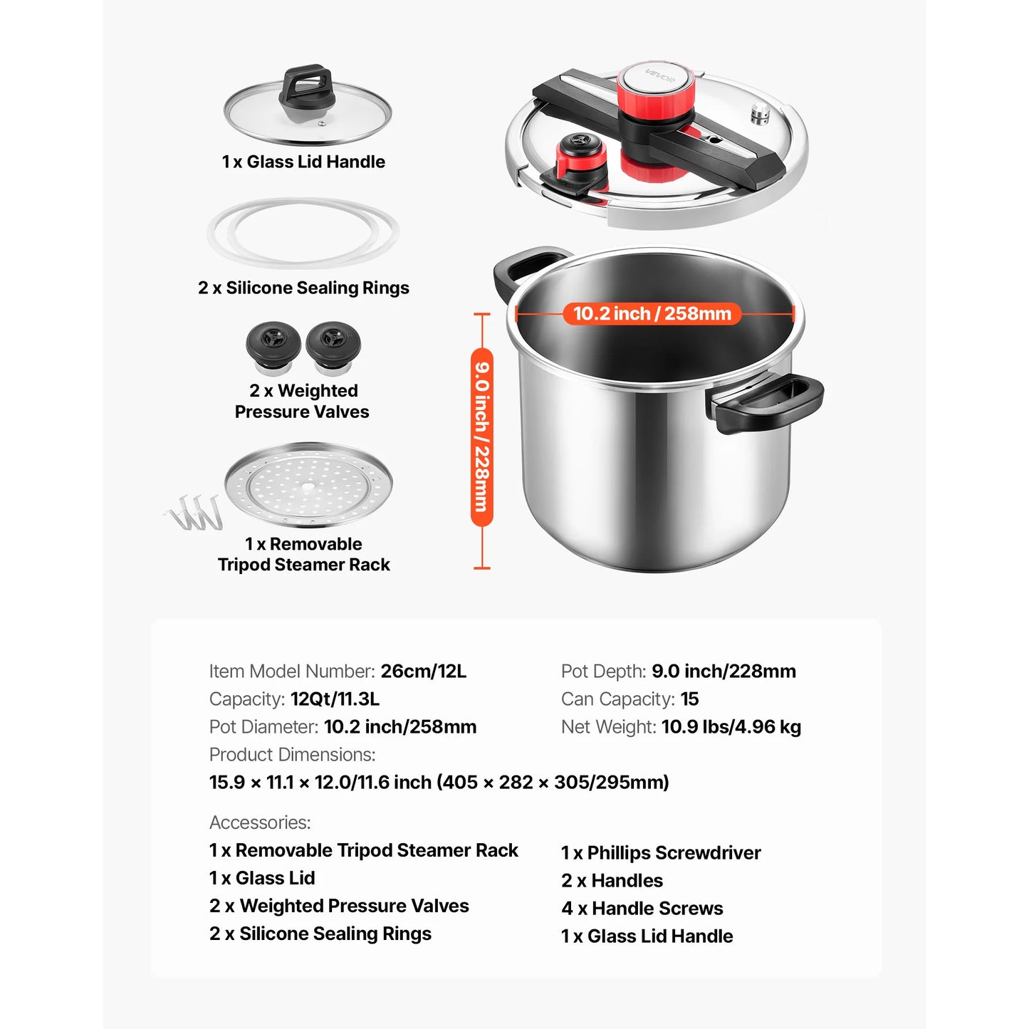 SucceBuy 6.3 8 10 12 Qt Pressure Cooker Stainless Steel Pressures Canner with Steaming Rack Tempered Glass Lid for Meat, Beans,