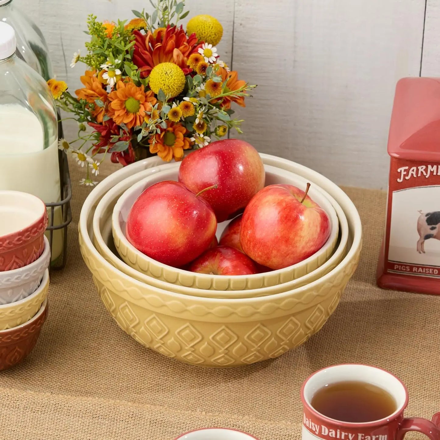 Stoneware Mixing Bowl Set, 3-Piece with Golden-Honey Finish, Nesting Design for Baking & Serving