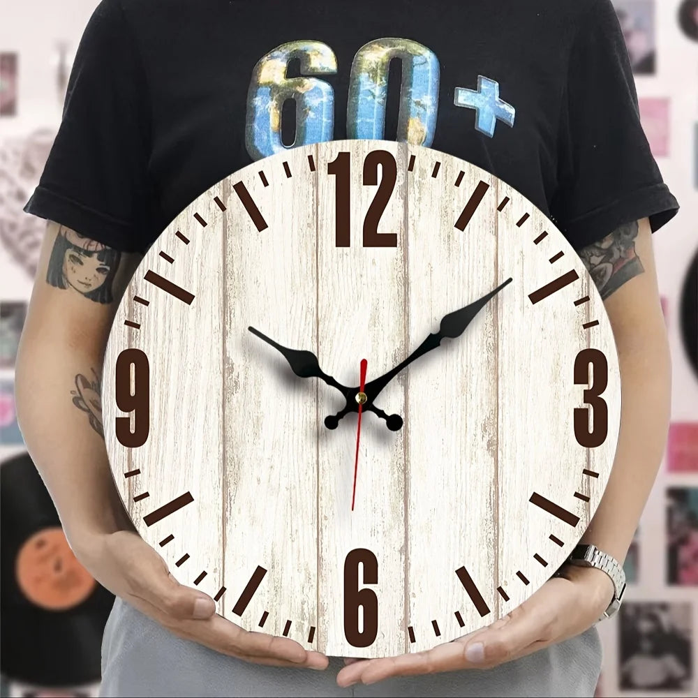 1pc Rustic Wooden Wall Clock, Large Numbers, Round Decorative Art Hanging Clock For Home Living Room, Silent, No-Punching New Wa