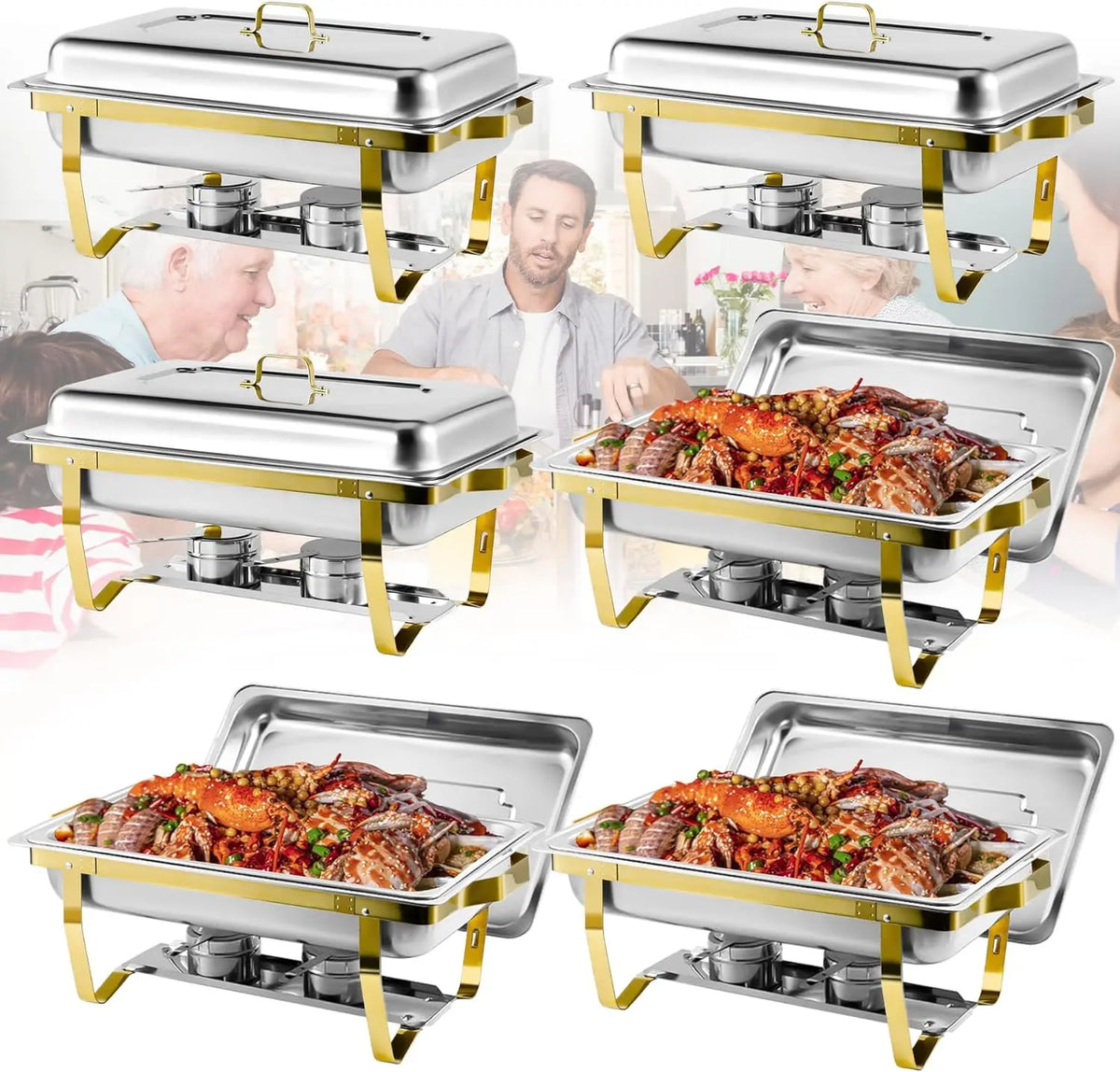 2/4Pack Chafing Dishes Buffet Set Semi-Gold-Plated Stainless Steel 8QT-9QT Rectangular Buffet Warmer Sets for Catering Party