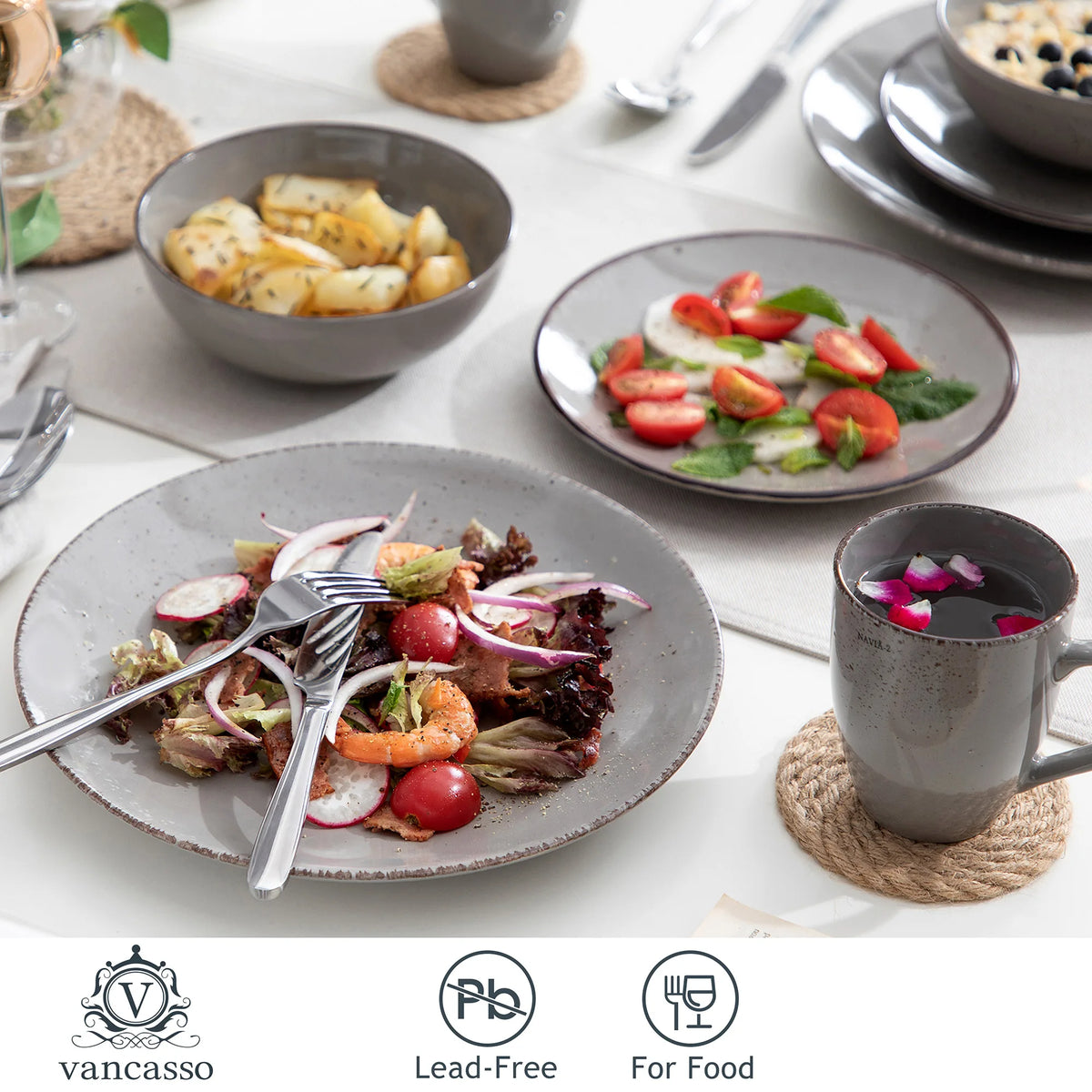 Vancasso Navia Grey 16/32/48-Piece Ceramic Stoneware Dinnerware Set with Dinner Plate,Dessert Plate,800ml Bowl,Mug Tableware Set