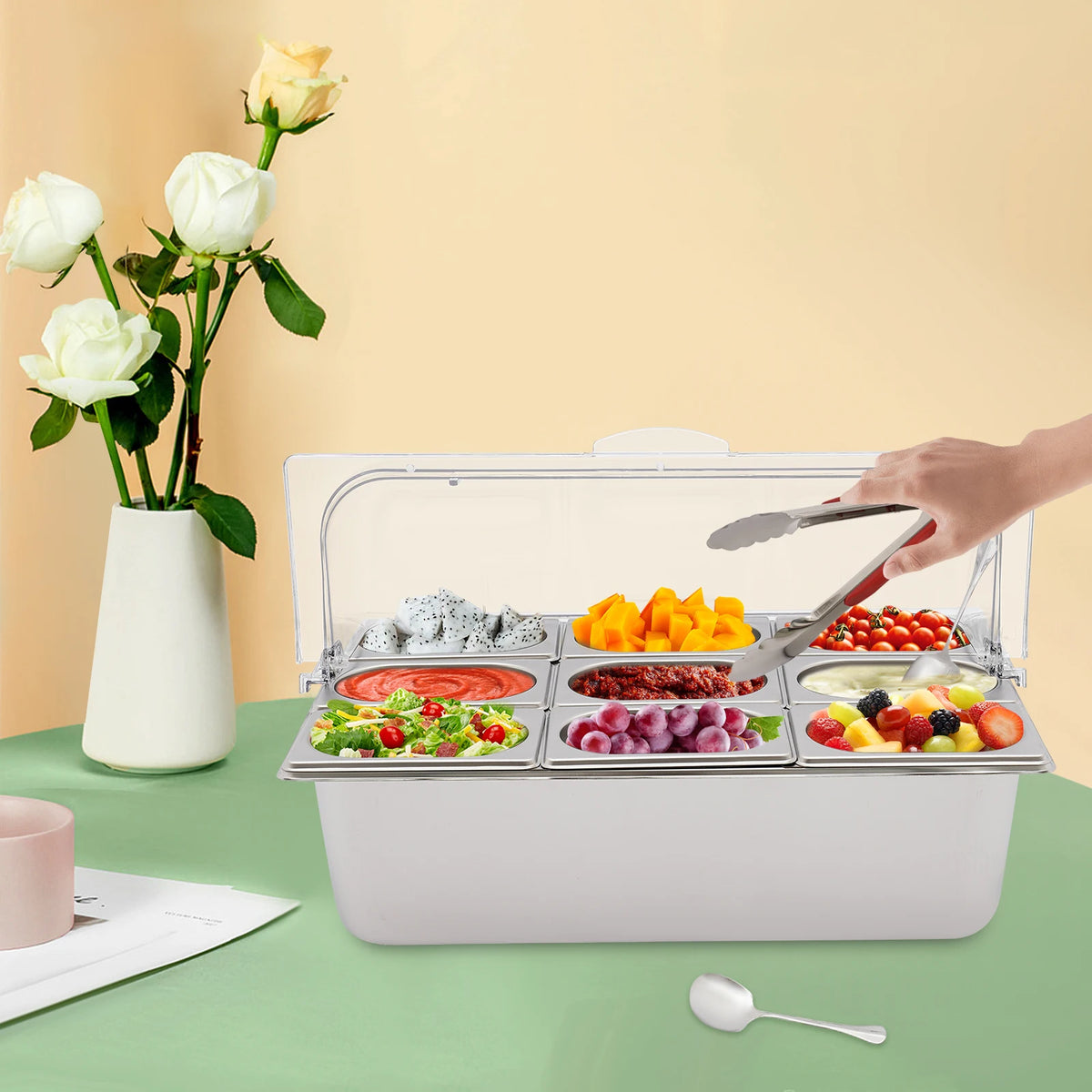 9-Compartment Stainless Steel Fruit Tray with Ice Pack Base, Clear Flip Lid, 21 Inch Buffet Serving Platter for Party Picnic