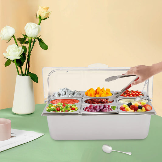 9-Compartment Stainless Steel Fruit Tray with Ice Pack Base, Clear Flip Lid, 21 Inch Buffet Serving Platter for Party Picnic