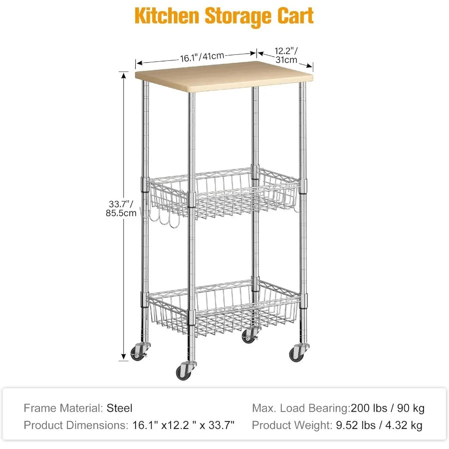Homeiju Rolling Kitchen Storage Cart, 3-Tier Storage Rack On Caster Wheels With Adjustable 2 Baskets, Coffee Station Cart Rack S