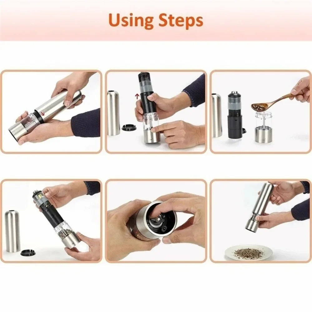 Electric Pepper Grinder Stainless Steel Salt and Pepper Mill Set for Black White Pepper Sichuan Peppercorn Rose Salt Grinding Seasoning Bottle Home Kitchen Spice Mill Tool Gadgets for Cooking Supplies Easy Use Women Men Famil