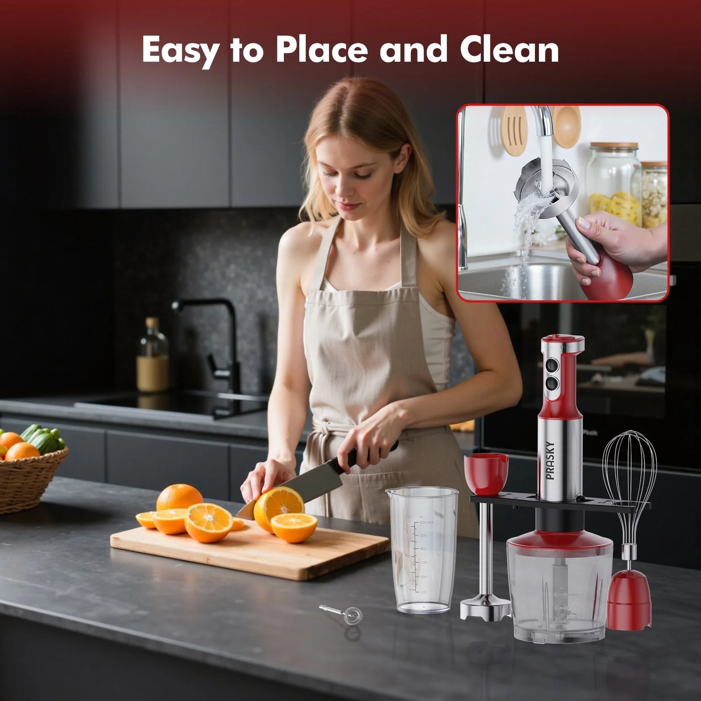 PRASKY 5-in-1 Handheld Immersion Blender with High Power Motor & Multi-Attachment System - Powerful Motor, Whisk, Meat Chopper