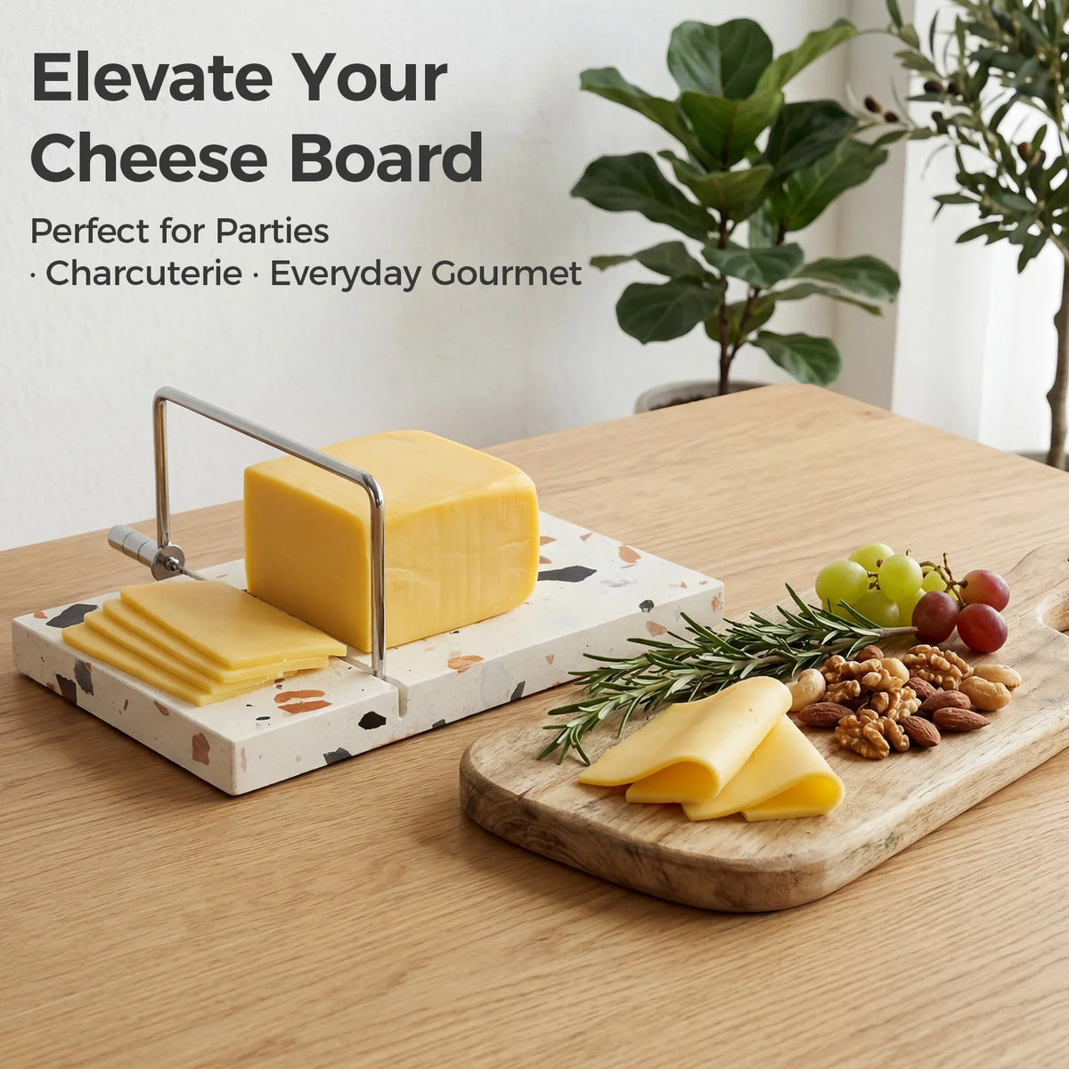 `Cheese Slicer Board, 8.5×7.1 Inch Natural Marble Cheese Cutter with Wire Slicer, Multi-Purpose Food Slicer for Cheese Butter Meat`