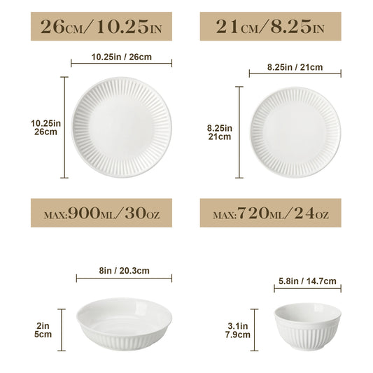 MALACASA LEILA 12/16/24/32 Ceramic Plate Sets White Porcelain Dinnerware Set with 4/6 PCS Dinner Plate/Dessert/Cereal Bowl/Soup