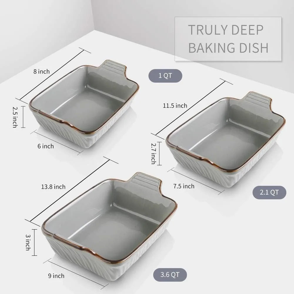 3-Piece Ceramic Baking Dish Set, Rectangular Casserole Dishes, 9x13 Lasagna Pans, Oven Safe to 500°F, Easy Clean, Texture Design