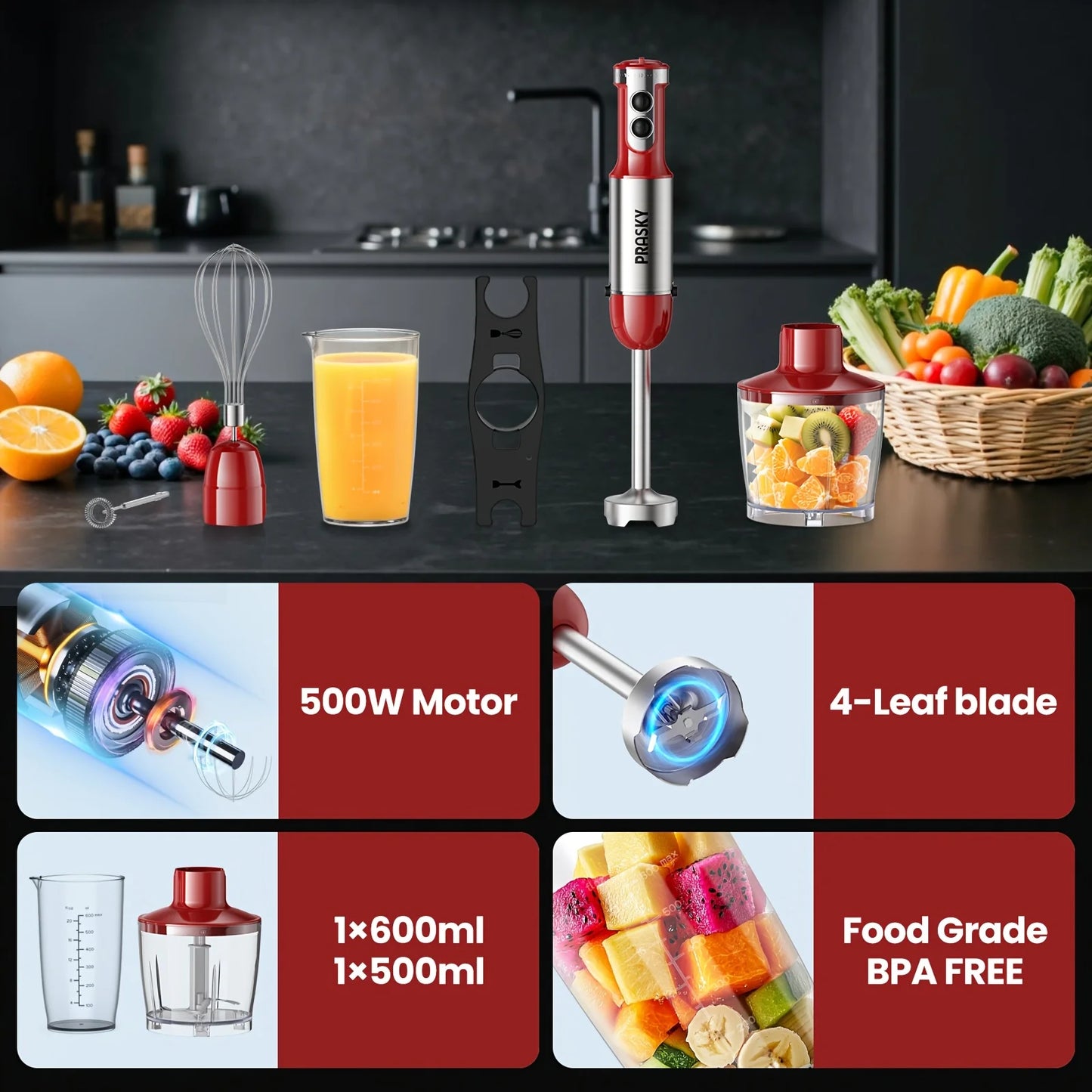 PRASKY 5-in-1 Handheld Immersion Blender with High Power Motor & Multi-Attachment System - Powerful Motor, Whisk, Meat Chopper
