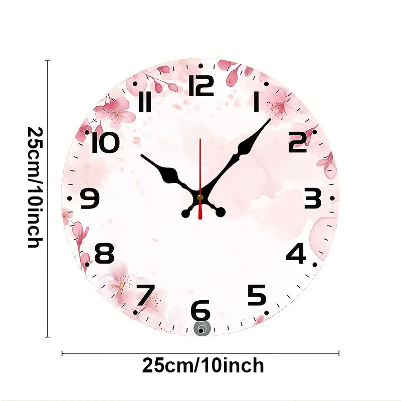 Pink Flower Backdrop Clock - 10inch Wood Veneer Europe and America Style Round Silent Flat Wall Clock - Batteries Not Included -