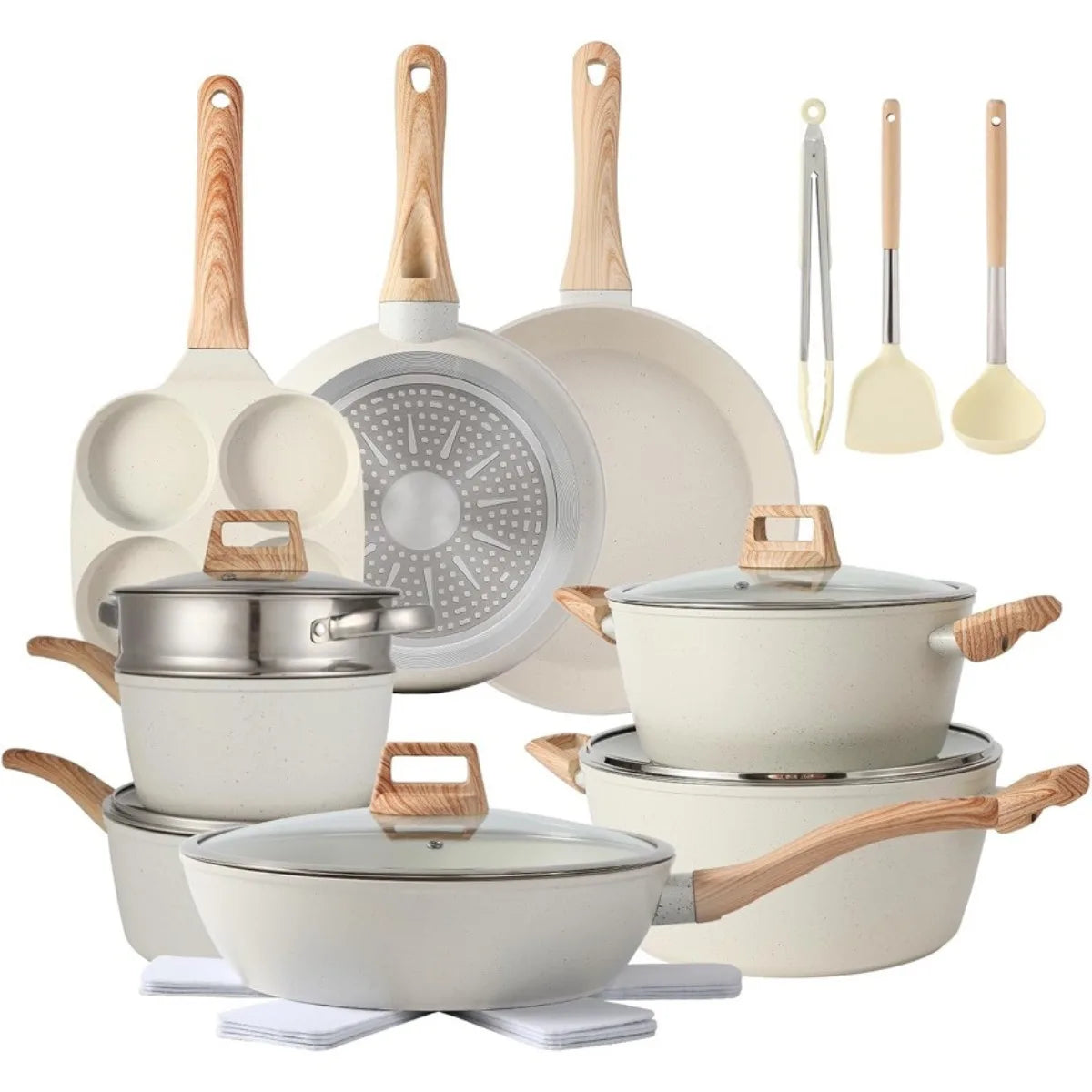 21Pcs White Granite Nonstick Cookware Sets Induction Compatible Pots and Pans with Frying Pans and Saucepans for Home Kitchen