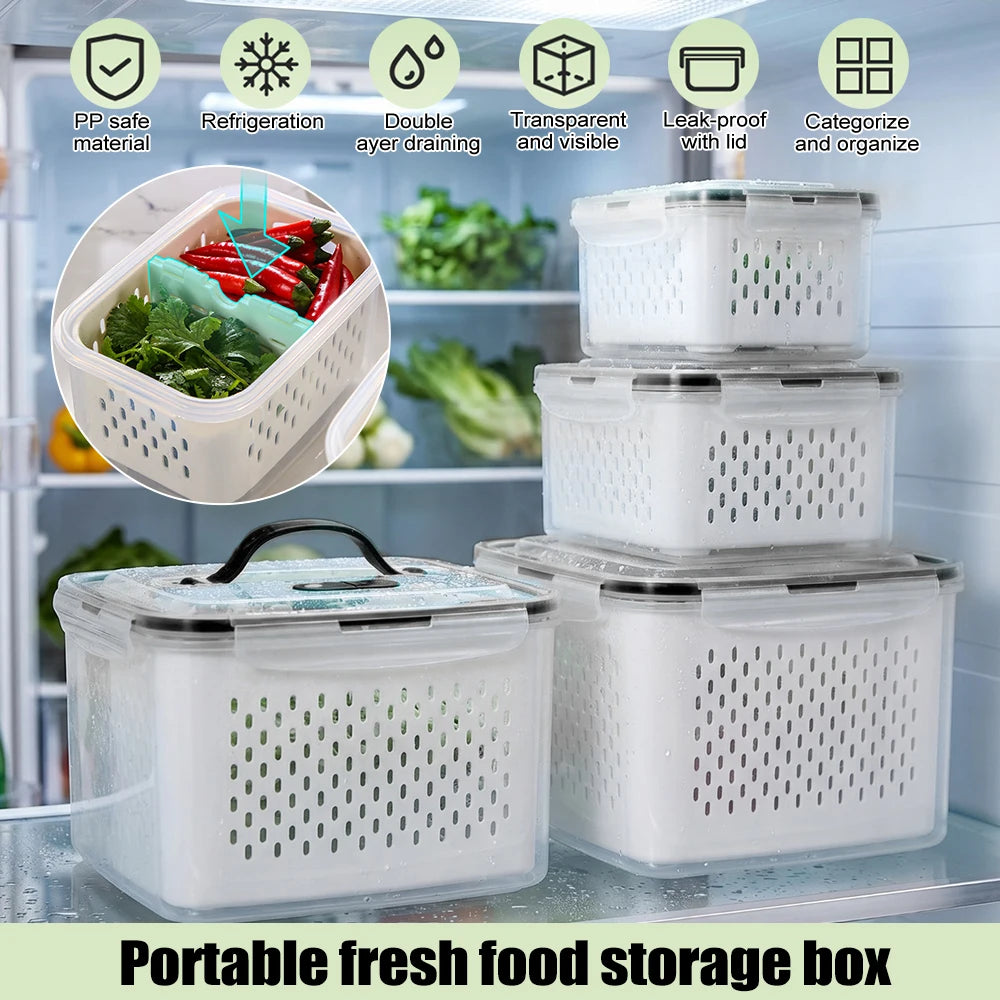 4 Pack Double Layer Fridge Storage Organizer Box PP Leakproof Food Container with Drain Basket Portable Handle Divider Clear Vegetable Fruit Fresh Keeper Refrigerator Organizer Bins