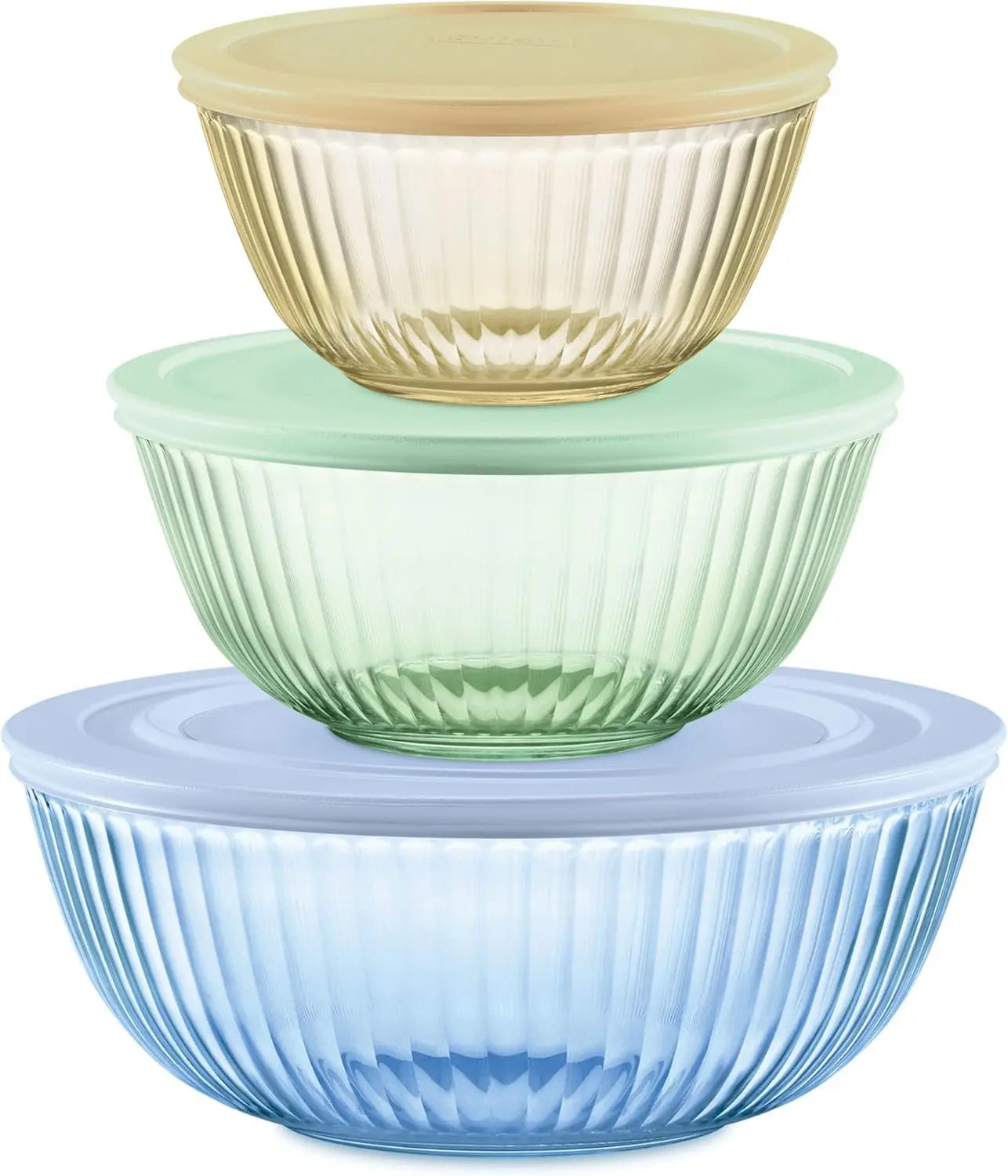 Tinted Glass Mixing Bowls with Plastic Lids, 3-Pack Nesting Set for Prepping and Baking, 1.3QT, 2.3QT & 4.5QT