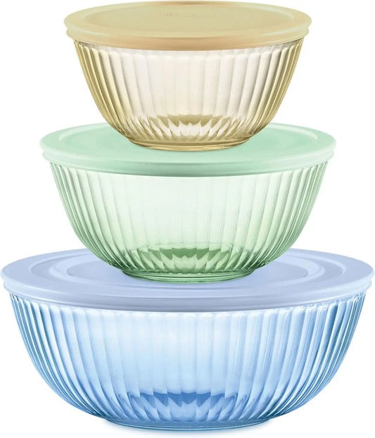 Tinted Glass Mixing Bowls with Plastic Lids, 3-Pack Nesting Set for Prepping and Baking, 1.3QT, 2.3QT & 4.5QT