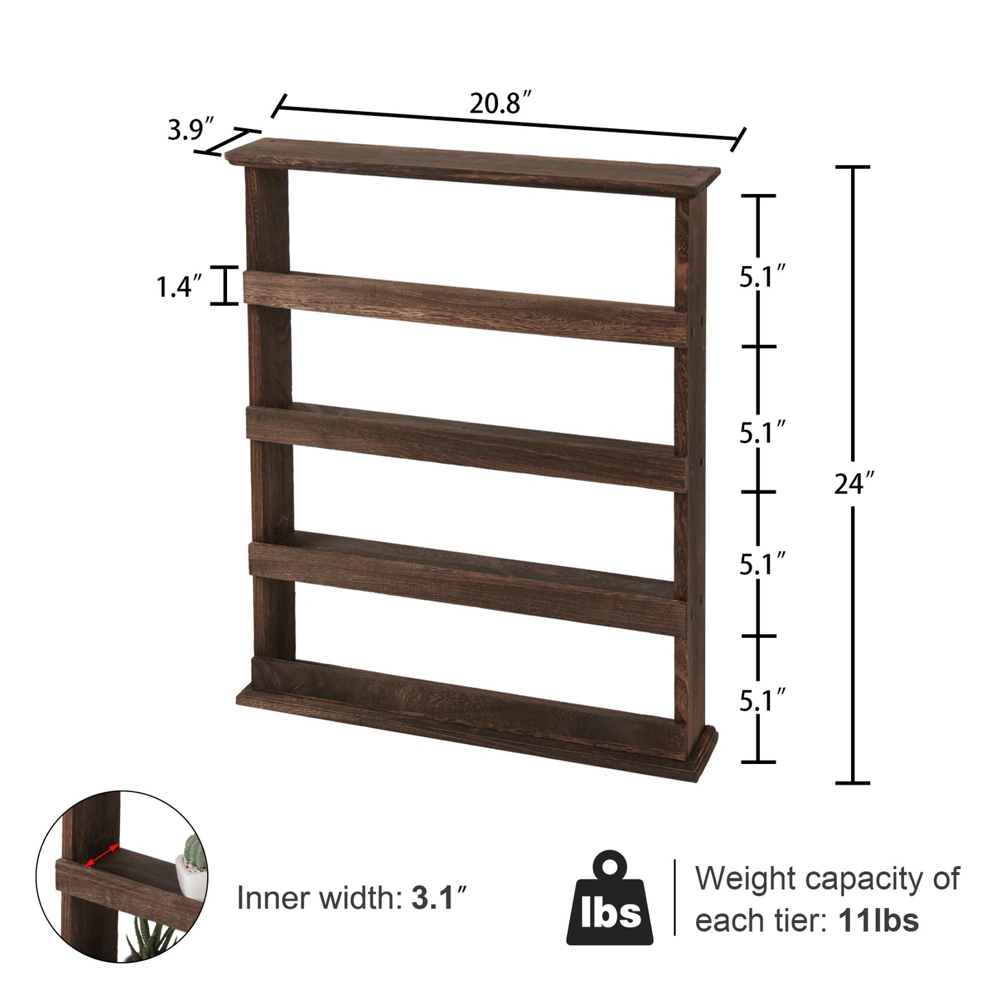 Rustic Torched Wood Wall Mounted 4-Tier Spice Rack Hanging Spice Shelf Storage Jars Stand Organizer