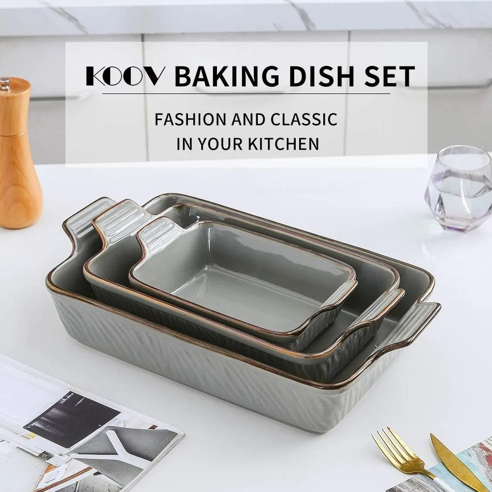3-Piece Ceramic Baking Dish Set, Rectangular Casserole Dishes, 9x13 Lasagna Pans, Oven Safe to 500°F, Easy Clean, Texture Design