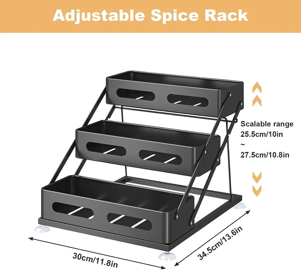 Carbon Steel Tiered Spice Rack with Non-Slip Suction Cups, 3-Tiers Countertop Spice Rack, Adjusted Height 10-10.8Inch, Space-Saving for Kitchen Desktop