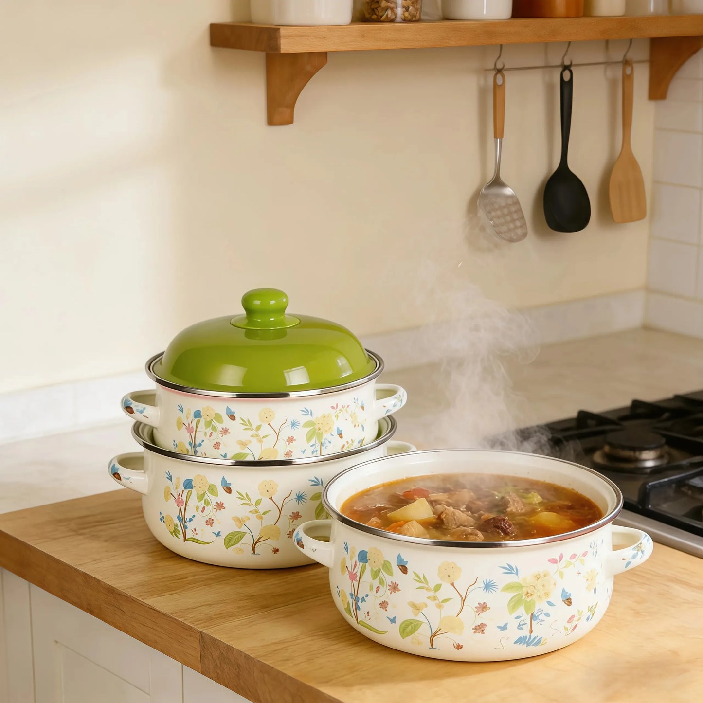 3Pcs Vintage Enamel Stock Pot Set with Lid,34oz/51oz/68oz Retro Flower Cooking Pot, Flat Bottom Stew Pot with Dual Handles for Induction & Gas Stove Kitchen Use