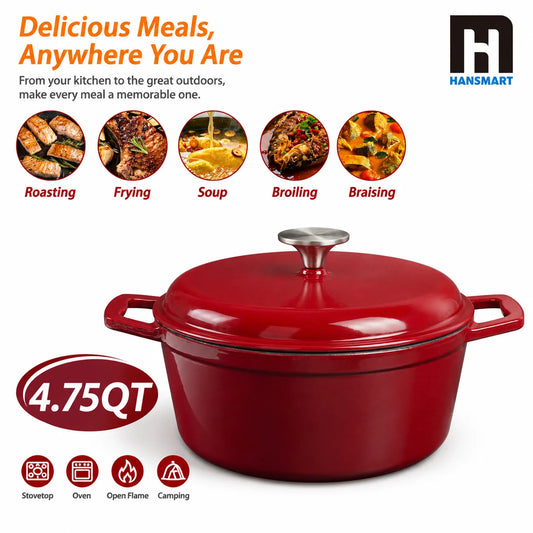 HANSMART 4.75Qt Enameled Cast Iron Dutch Oven With Lid, Non-Stick Enamel Coating Round Pot Induction & Oven Safe for Bread Baking Braising Stewing Home Cooking