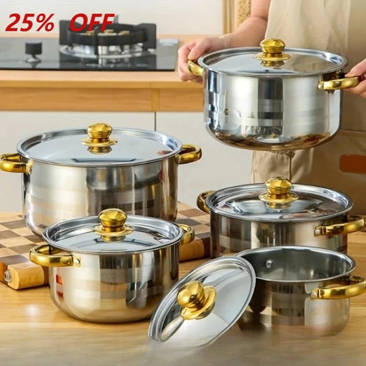 5-Piece Golden Stainless Steel Cookware Set - Durable, Multi-Purpose, Easy to Clean, Compatible with All Stoves, Non-Stick,