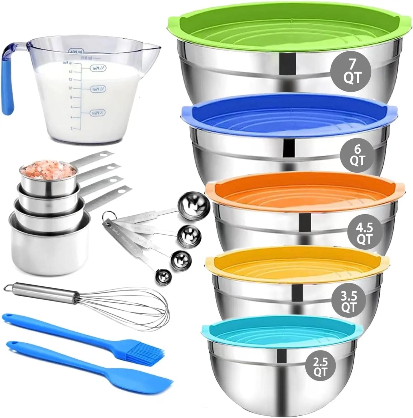 Stainless Steel Mixing Bowls Set with Lids, 22-Piece Nesting Bowls 7/6/4.5/3.5/2.5QT, Measuring Cups and Spoons Baking Storage