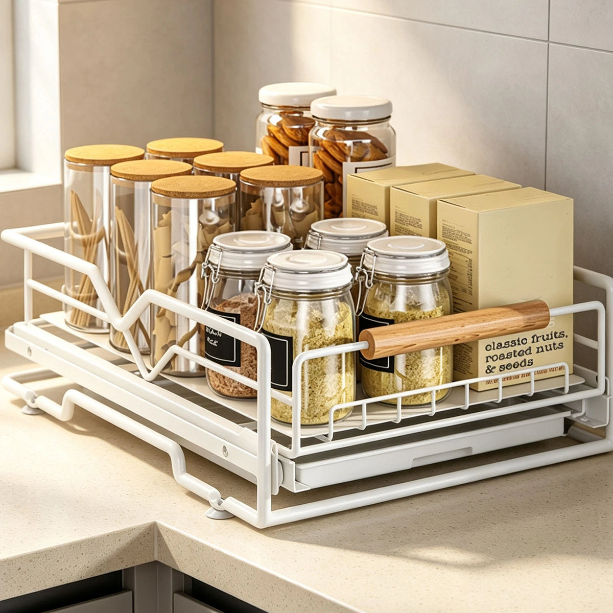 Slide Out Drawer Pull Out Cabinet Organizer Iron Slide Out Storage Drawer Under Sink Rack with Drain Tray for Kitchen White
